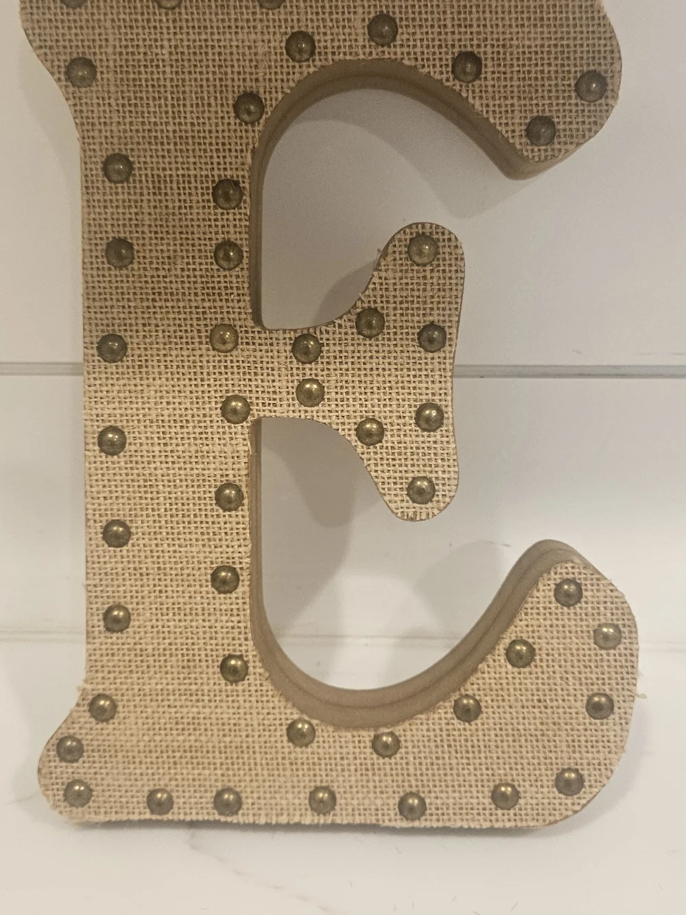 Hobby Lobby Burlap Studded Letter E - Tan and Gold